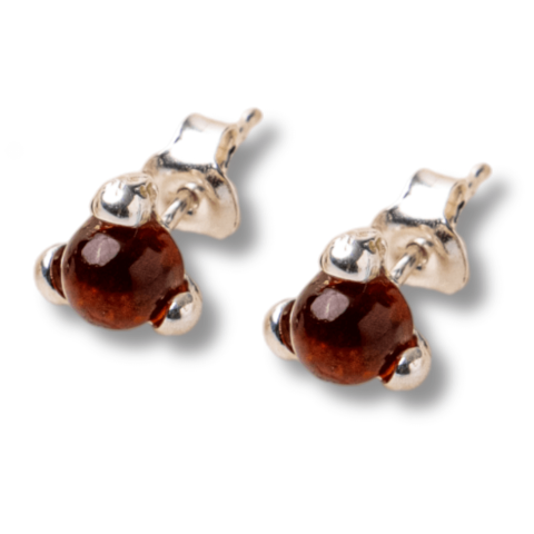 Tip Cristal - Cercei Argint 925 cu Chihlimbar rosu inchis Natural Rotund – Energie Solara, Delicatețe si Protectie