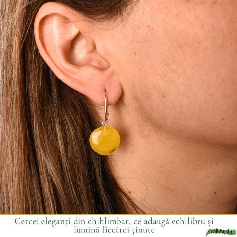 Cercei Argint 925 cu Chihlimbar Galben Rotund – Energie Pozitiva si Eleganta Calda [1]