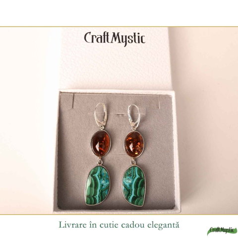 Cercei Argint 925 cu Chihlimbar si Malachit cu Crisocola – Echilibru si Eleganta [5]