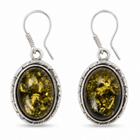 Leu - Cercei Argint 925 cu Chihlimbar Verde Oval – Echilibru si Eleganta Naturala