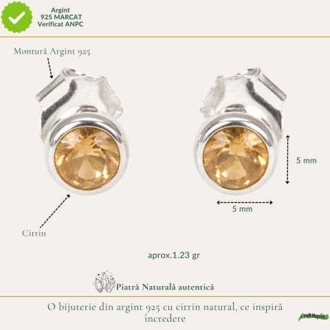 Cercei Argint 925 cu Citrin Fațetat Rotund – Energie Pozitiva si Claritate [3]