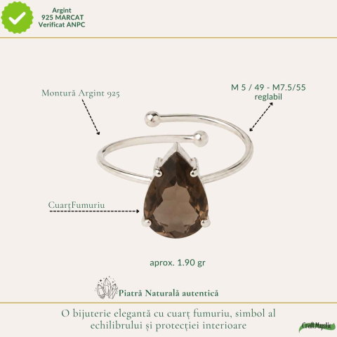 Inel Argint 925 cu Cuart Fumuriu Fatetat Lacrima – Echilibru si Claritate [3]