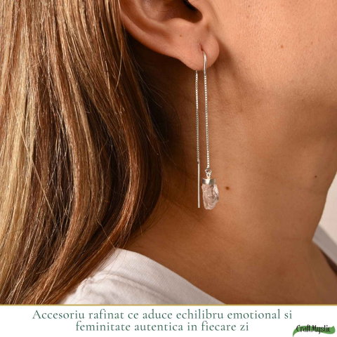 Cercei Argint 925 cu Cuart Roz Brut si Lant – Iubire si Energie Naturala [1]