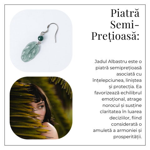 Cercei Argint 925 cu Jad Albastru Guatemala – Model Frunza Naturala pentru Puritate si Armonie Interioara [5]