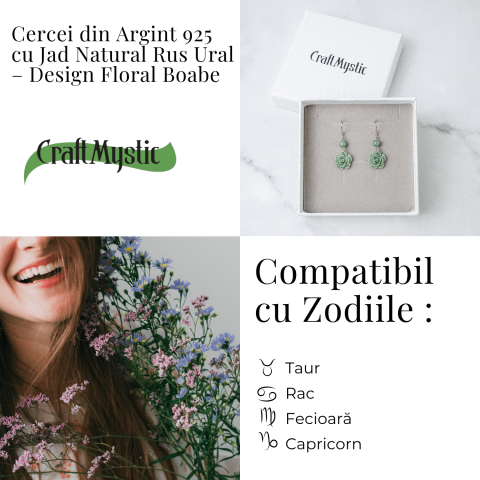 Cercei Argint 925 cu Jad Natural Rus Ural – Model Trandafir pentru Echilibru si Prosperitate [3]