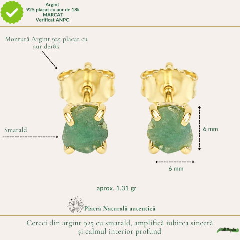 Cercei Argint 925 Placat cu Aur 18K si Smarald Brut – Eleganta Naturala si Feminitate [3]