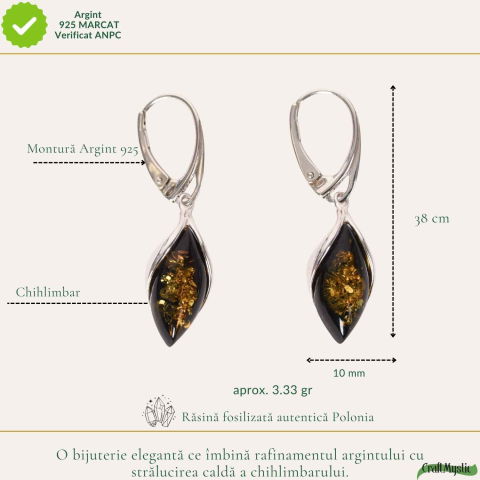Cercei Argint 925 Oval cu Chihlimbar Verde – Eleganta Naturala si Energie Pozitiva [3]