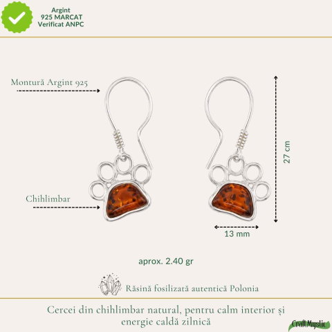 Cercei Argint 925 cu Chihlimbar Rosu Labuta de Pisica – Protectie si Energie Calda [3]