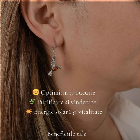 Cercei Argint 925 Pasarea Colibri cu Chihlimbar Rosu – Energie, Bucurie si Eleganta Naturală [2]