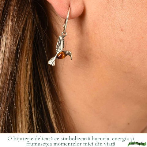 Cercei Argint 925 Pasarea Colibri cu Chihlimbar Rosu – Energie, Bucurie si Eleganta Naturală [1]