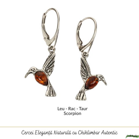 Cercei Argint 925 Pasarea Colibri cu Chihlimbar Rosu – Energie, Bucurie si Eleganta Naturală [4]