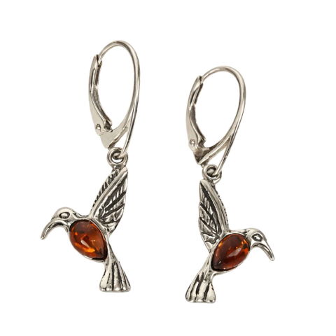 Cristale pentru zodii - Cercei Argint 925 Pasarea Colibri cu Chihlimbar Rosu – Energie, Bucurie si Eleganta Naturală
