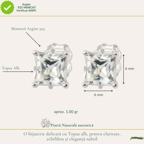 Cercei Argint 925 cu Topaz Alb Fatetat Patrat – Claritate si Eleganta Delicata [3]