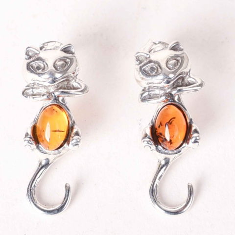 Taur - Cercei Argint 925 Pisica cu Chihlimbar – Protectie, Intuitie si Eleganta Delicata