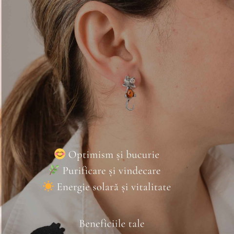 Cercei Argint 925 Pisica cu Chihlimbar – Protectie, Intuitie si Eleganta Delicata [2]