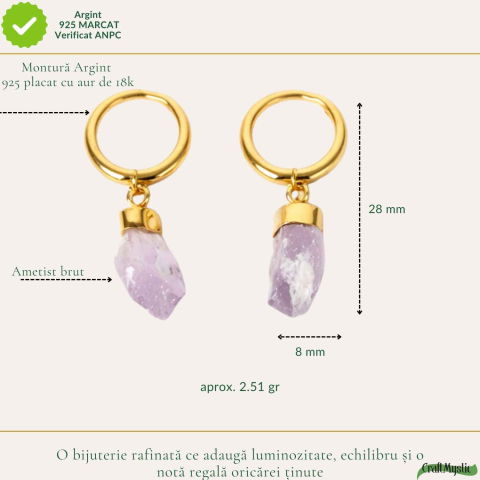 Cercei Argint 925 Placat Aur 18K cu Ametist Brut – Claritate, Calm si Eleganta Naturala [3]