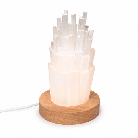 Vindecare Emotionala - Lampa din Selenit Natural cu Baza din Lemn – Purificare, Liniste si Energie Pozitiva