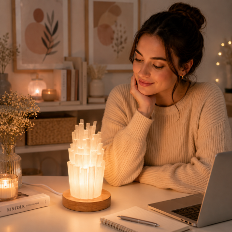 Lampa din Selenit Natural cu Baza din Lemn – Purificare, Liniste si Energie Pozitiva [2]