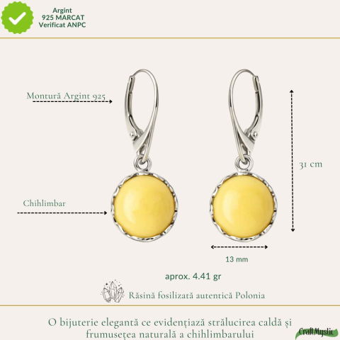 Cercei Argint 925 Rotunzi cu Chihlimbar Galben – Energie Calda si Eleganta Naturala [3]