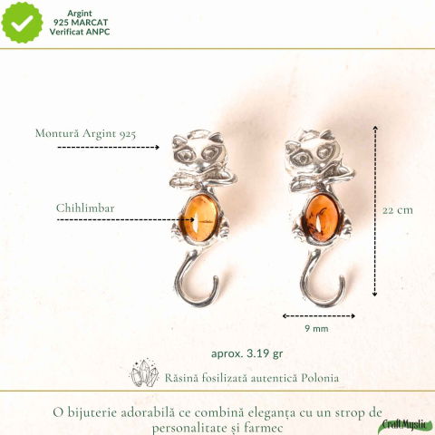 Cercei Argint 925 Pisica cu Chihlimbar – Protectie, Intuitie si Eleganta Delicata [3]