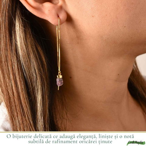 Cercei Argint 925 Placat Aur 18K cu Ametist Brut pe Lant – Calm, Claritate si Eleganta [1]