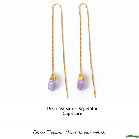 Cercei Argint 925 Placat Aur 18K cu Ametist Brut pe Lant – Calm, Claritate si Eleganta [4]