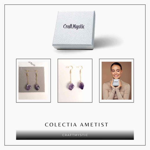 Cercei Aurii cu Lant si Ametist Brut, Eleganta si Calm Interior [6]