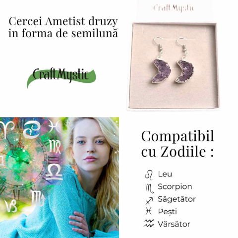 Cercei Argintii cu Ametist Natural Semilună - Protecție și Claritate [3]