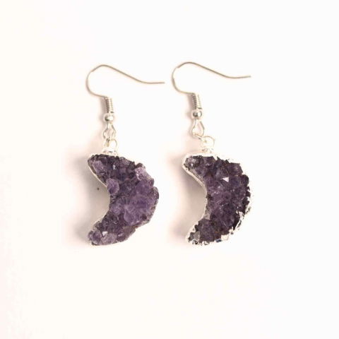 Cercei Argintii cu Ametist Natural Semilună - Protecție și Claritate