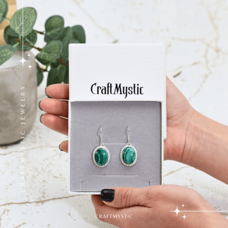 Cercei Argintii Eleganti cu Malachit Natural Oval de 16mm [6]