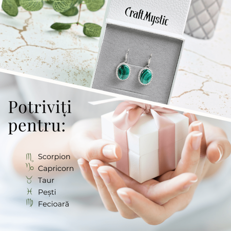 Cercei Argintii Eleganti cu Malachit Natural Oval de 16mm [2]