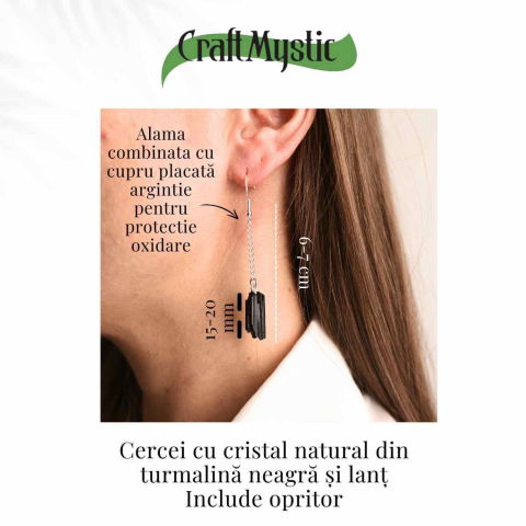 Cercei Argintii cu Lant si Turmalina Neagra Bruta, Protectie si Eleganta Unica [3]