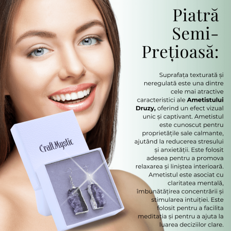 Descopera acum cum acesti cercei unici cu Ametist druzy pot aduce calm si echilibru spiritual in viata ta.  Cadoul Perfect pentru Cei Dragi: Acești cercei eleganți cu piatră naturală de Ametist druzy în formă neregulată sunt cadoul ideal pentru persoanele care apreciază bijuteriile unice și pline de semnificație. Sunt potriviți pentru aniversări, sărbători sau orice ocazie specială, oferind un simbol al păcii și echilibrului interior.  Beneficiile Ametistului: Ametistul druzy este cunoscut pentru capacitatea sa de a calma mintea și de a oferi protecție spirituală. Purtând acești cercei, vei experimenta o reducere a stresului și o creștere a clarității mentale. Această piatră este ideală pentru meditație și pentru a aduce un echilibru emoțional în viața de zi cu zi, promovând liniștea interioară.  Semnificație și Design: Acești cercei argintii cu Ametist druzy în formă neregulată nu sunt doar bijuterii frumoase, ci și simboluri ale echilibrului și protecției spirituale. Cu o dimensiune a pietrei de 3-3.5 cm și o greutate aproximativă de 10 grame per cercel, acești cercei sunt suficient de impunători pentru a atrage atenția, dar și confortabili pentru purtarea zilnică. Prinderea cu cârlig asigură o fixare sigură și ușor de utilizat.  Unicitate și Frumusețe: Pietrele de Ametist druzy utilizate sunt naturale, ceea ce înseamnă că fiecare pereche de cercei este unică. Pot exista mici variații de culoare și textură față de imaginile prezentate, conferind fiecărei perechi o frumusețe distinctă și un farmec aparte.  Zodii Compatibile: Ametistul este o piatră potrivită pentru zodiile Pești, Vărsător, Capricorn și Fecioară. Aceasta promovează calmul, echilibrul emoțional și protecția spirituală, fiind ideală pentru cei care doresc să își îmbunătățească conexiunea spirituală și să reducă stresul zilnic.  Cum Să Folosești Produsul în 3 Pași Simpli:  Deschide cârligul cerceilor și introdu-i în urechi. Fixează cârligul pentru a asigura o prindere sigură. Poartă-i zilnic pentru a beneficia de calmul și echilibrul oferite de Ametistul druzy. Specificații Tehnice:  Dimensiune piatră: 3-3.5 cm Greutate aproximativă per cercel: 10 grame Tipul de prindere: Cârlig Tipul metalului și culoarea: Metal comun argintiu, folosit în mod uzual la bijuterii, rezistent la oxidare Notă privind pietrele: Pietrele utilizate sunt naturale, astfel că pot exista diferențe față de poze în ceea ce privește textura și mici variații de culoare, asigurând unicitatea și frumusețea fiecărei perechi de cercei. Adaugă acești cercei cu Ametist druzy în coșul tău de cumpărături acum și bucură-te de calmul și echilibrul spiritual pe care le pot aduce în viața ta! Fă un pas înainte spre liniște interioară și protecție spirituală cu aceste bijuterii unice. [4]