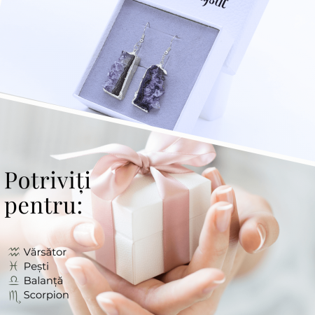 Descopera acum cum acesti cercei unici cu Ametist druzy pot aduce calm si echilibru spiritual in viata ta.  Cadoul Perfect pentru Cei Dragi: Acești cercei eleganți cu piatră naturală de Ametist druzy în formă neregulată sunt cadoul ideal pentru persoanele care apreciază bijuteriile unice și pline de semnificație. Sunt potriviți pentru aniversări, sărbători sau orice ocazie specială, oferind un simbol al păcii și echilibrului interior.  Beneficiile Ametistului: Ametistul druzy este cunoscut pentru capacitatea sa de a calma mintea și de a oferi protecție spirituală. Purtând acești cercei, vei experimenta o reducere a stresului și o creștere a clarității mentale. Această piatră este ideală pentru meditație și pentru a aduce un echilibru emoțional în viața de zi cu zi, promovând liniștea interioară.  Semnificație și Design: Acești cercei argintii cu Ametist druzy în formă neregulată nu sunt doar bijuterii frumoase, ci și simboluri ale echilibrului și protecției spirituale. Cu o dimensiune a pietrei de 3-3.5 cm și o greutate aproximativă de 10 grame per cercel, acești cercei sunt suficient de impunători pentru a atrage atenția, dar și confortabili pentru purtarea zilnică. Prinderea cu cârlig asigură o fixare sigură și ușor de utilizat.  Unicitate și Frumusețe: Pietrele de Ametist druzy utilizate sunt naturale, ceea ce înseamnă că fiecare pereche de cercei este unică. Pot exista mici variații de culoare și textură față de imaginile prezentate, conferind fiecărei perechi o frumusețe distinctă și un farmec aparte.  Zodii Compatibile: Ametistul este o piatră potrivită pentru zodiile Pești, Vărsător, Capricorn și Fecioară. Aceasta promovează calmul, echilibrul emoțional și protecția spirituală, fiind ideală pentru cei care doresc să își îmbunătățească conexiunea spirituală și să reducă stresul zilnic.  Cum Să Folosești Produsul în 3 Pași Simpli:  Deschide cârligul cerceilor și introdu-i în urechi. Fixează cârligul pentru a asigura o prindere sigură. Poartă-i zilnic pentru a beneficia de calmul și echilibrul oferite de Ametistul druzy. Specificații Tehnice:  Dimensiune piatră: 3-3.5 cm Greutate aproximativă per cercel: 10 grame Tipul de prindere: Cârlig Tipul metalului și culoarea: Metal comun argintiu, folosit în mod uzual la bijuterii, rezistent la oxidare Notă privind pietrele: Pietrele utilizate sunt naturale, astfel că pot exista diferențe față de poze în ceea ce privește textura și mici variații de culoare, asigurând unicitatea și frumusețea fiecărei perechi de cercei. Adaugă acești cercei cu Ametist druzy în coșul tău de cumpărături acum și bucură-te de calmul și echilibrul spiritual pe care le pot aduce în viața ta! Fă un pas înainte spre liniște interioară și protecție spirituală cu aceste bijuterii unice. [3]