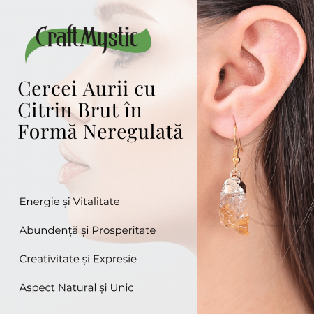 Cercei aurii cu citrin brut neregulat, pentru energie si prosperitate [2]