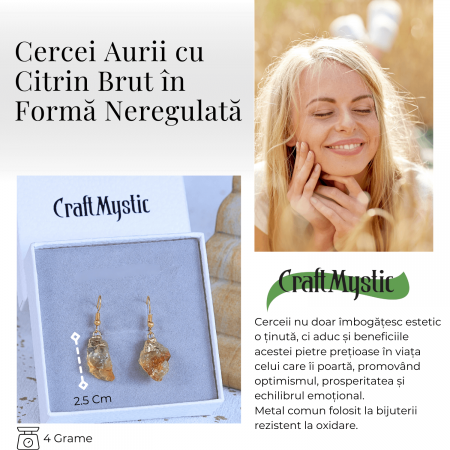Cercei aurii cu citrin brut neregulat, pentru energie si prosperitate [3]