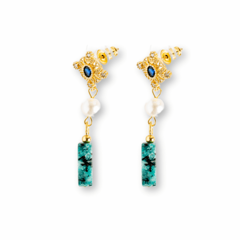 Cercei Aurii cu Perla Sintetica si Piatra de Ruby Zoisit – Eleganta si Echilibru Spiritual