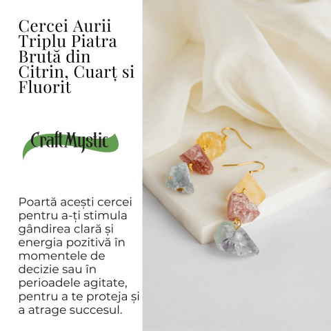 Cercei Aurii cu Citrin, Cuart Roz si Fluorit – Energie Pozitiva si Unicitate [2]