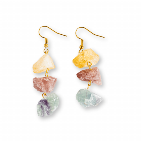 Cercei Aurii cu Citrin, Cuart Roz si Fluorit – Energie Pozitiva si Unicitate