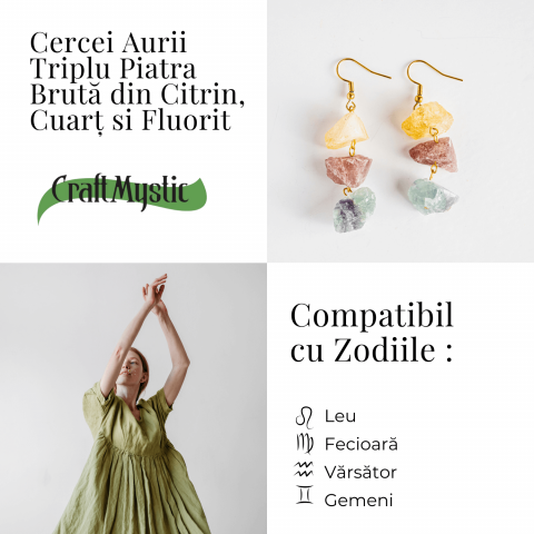 Cercei Aurii cu Citrin, Cuart Roz si Fluorit – Energie Pozitiva si Unicitate [4]