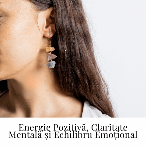 Cercei Aurii cu Citrin, Cuart Roz si Fluorit – Energie Pozitiva si Unicitate [1]