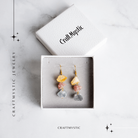 Cercei Aurii cu Citrin, Cuart Roz si Fluorit – Energie Pozitiva si Unicitate [7]