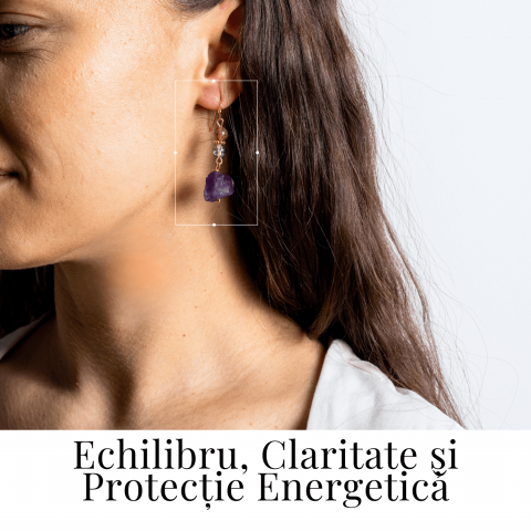 Cercei Aurii cu Ametist Brut, Cristal Capsuna si Green Phantom - Unici si Eleganti [1]