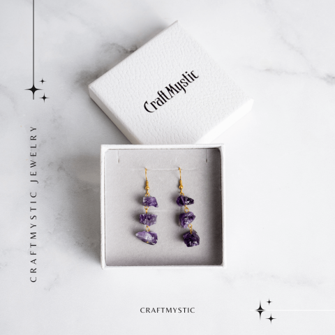 Cercei Aurii cu Triplu Piatra Ametist Brut Natural – Energie, Stil si Unicitate [7]