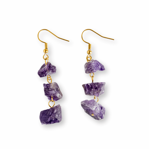 Capricorn - Cercei Aurii cu Triplu Piatra Ametist Brut Natural – Energie, Stil si Unicitate