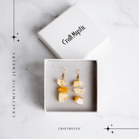 Cercei Aurii cu Triplu Piatra de Citrin Brut – Putere si Energie Pozitiva [7]