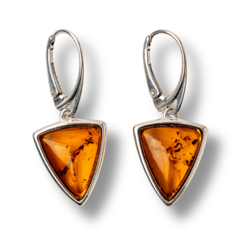 Cercei Argint 925 cu Chihlimbar Natural Triunghi – Protectie, Lumina si Echilibru