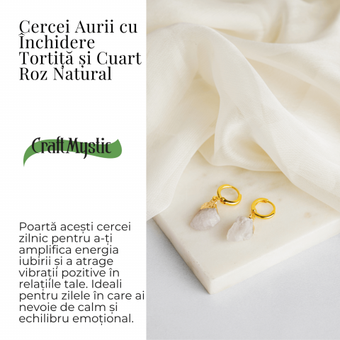 Cercei Aurii cu Cuart Roz Brut Natural – Iubire si Echilibru [2]