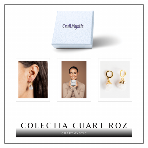 Cercei Aurii cu Cuart Roz Brut Natural – Iubire si Echilibru [6]