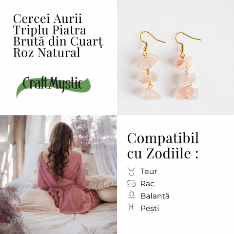 Cercei Cuart Roz Natural Brut Triplu piatra – Iubire, Armonie si Echilibru [4]